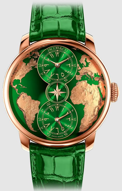 Jacob & Co THE WORLD IS YOURS DUAL TIME ZONE GREEN (ARABIC) Replica Watch DT100.40.AA.AD.A (image for) Jacob & Co THE WORLD IS YOURS DUAL TIME ZONE GREEN (ARABIC) Replica Watch DT100.40.AA.AD.A